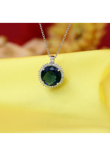 Lacivert Beyaz Zirkon Taşlı Yuvarlak Gümüş Kolye fiyatları