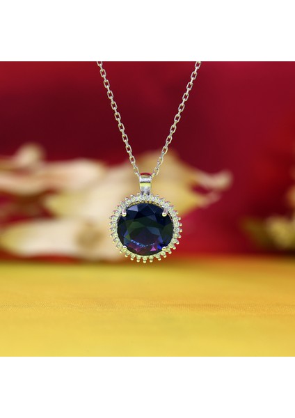 Lacivert Beyaz Zirkon Taşlı Yuvarlak Gümüş Kolye modelleri