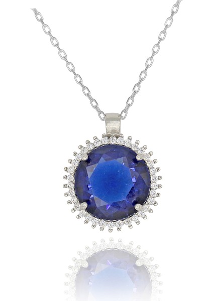 Lacivert Beyaz Zirkon Taşlı Yuvarlak Gümüş Kolye fırsatları