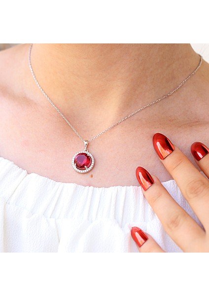 Kırmızı Beyaz Zirkon Taşlı Yuvarlak Gümüş Kolye