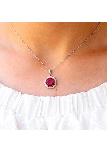 Kırmızı Beyaz Zirkon Taşlı Yuvarlak Gümüş Kolye fiyatları