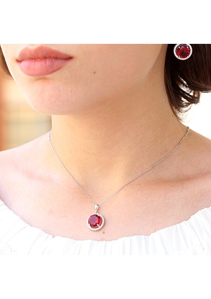 Kırmızı Beyaz Zirkon Taşlı Yuvarlak Gümüş Kolye indirimleri