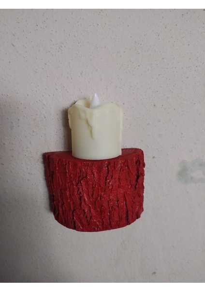 Duvara Yapışkanlı Ahşap Kırmızı Kütük Mumluk Ledli Mum Aplik