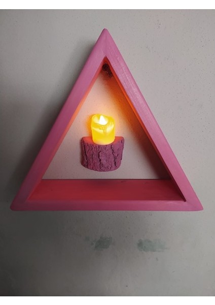 Ahşap Pembe Mini Üçgen Köşe Duvar Rafı Ledli Mum Mumluk 30 cm
