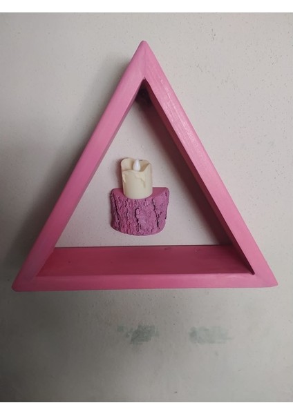 Ahşap Pembe Mini Üçgen Köşe Duvar Rafı Ledli Mum Mumluk 30 cm
