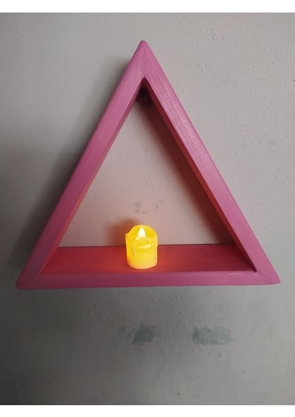 Ahşap Pembe Mini Üçgen Köşe Duvar Rafı Ledli Mum Mumluk 30 cm G12