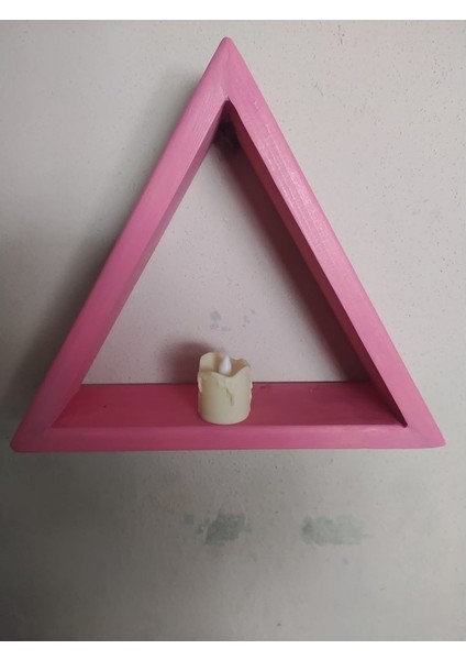 Ahşap Pembe Mini Üçgen Köşe Duvar Rafı Ledli Mum Mumluk 30 cm G12