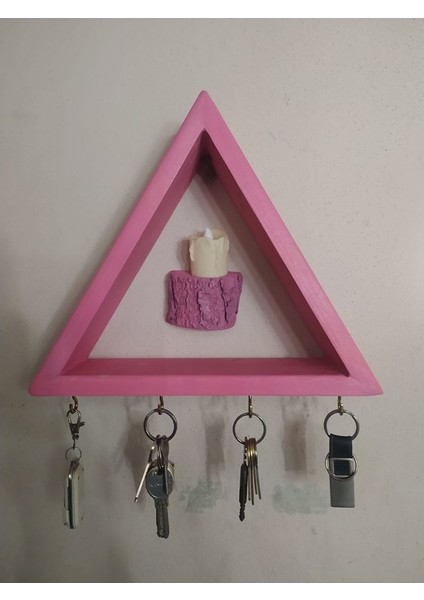 Ahşap Pembe Üçgen Köşe Duvar Rafı Ledli Mum Mumluk Anahtarlık