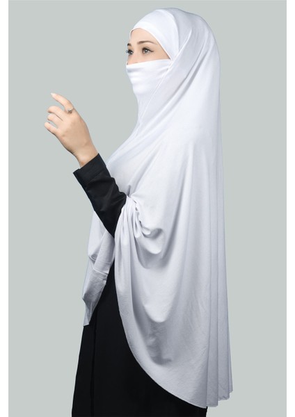 Hazır Türban Peçeli Pratik Eşarp Tesettür Nikaplı Hijab - Namaz Örtüsü Sufle (5Xl) - Beyaz