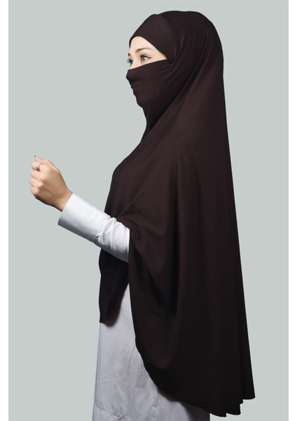 Hazır Türban Peçeli Pratik Eşarp Tesettür Nikaplı Hijab - Namaz Örtüsü Sufle (5Xl) - Koyu Kahverengi