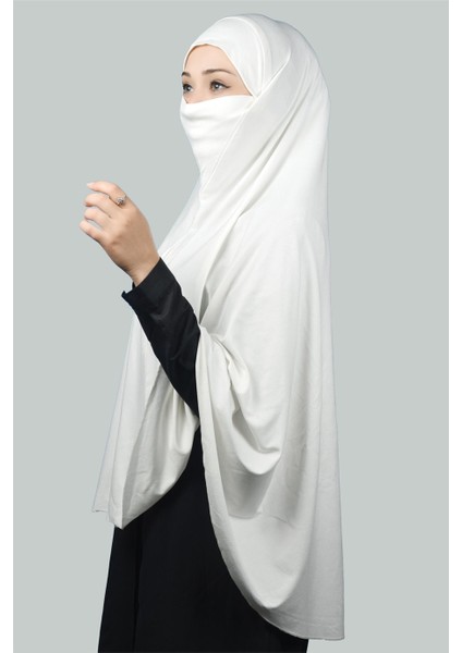 Hazır Türban Peçeli Pratik Eşarp Tesettür Nikaplı Hijab - Namaz Örtüsü Sufle (5Xl) - Ekru