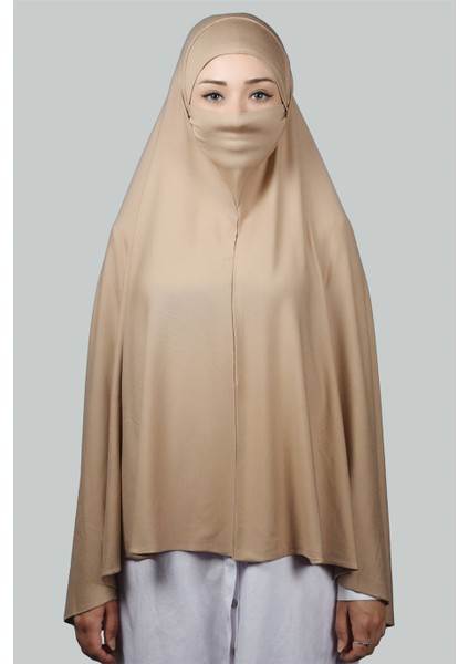 Hazır Türban Peçeli Pratik Eşarp Tesettür Nikaplı Hijab - Namaz Örtüsü Sufle (5Xl) - Koyu Bej