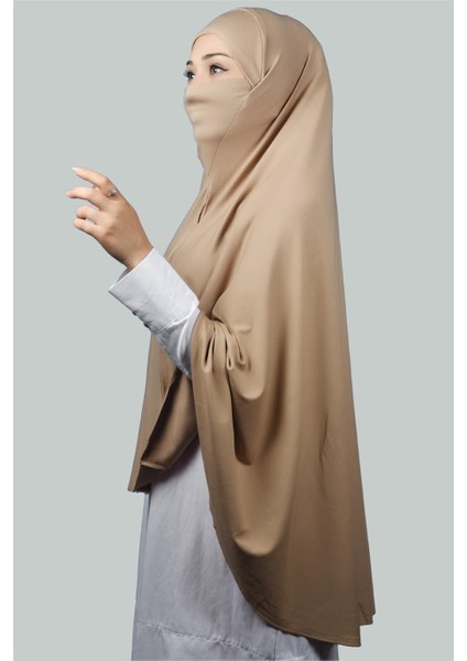 Hazır Türban Peçeli Pratik Eşarp Tesettür Nikaplı Hijab - Namaz Örtüsü Sufle (5Xl) - Koyu Bej