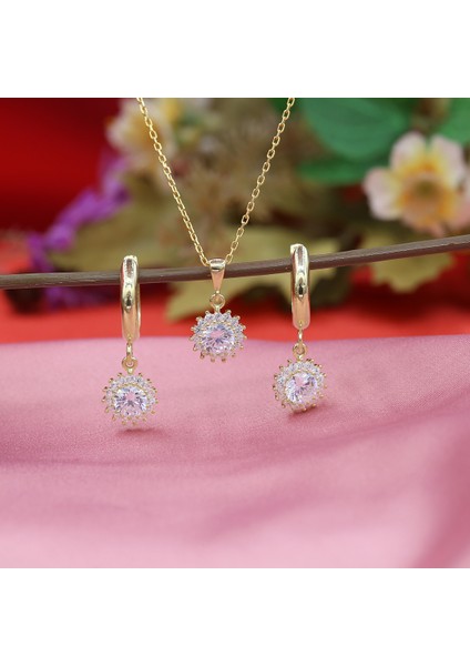 Beyaz Taşlı Minimal Anturaj Yuvarlak Gümüş Kolye Küpe Takım