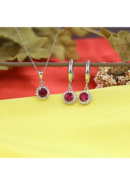 Kırmızı Beyaz Taşlı Minimal Anturaj Yuvarlak Gümüş Kolye Küpe Takım