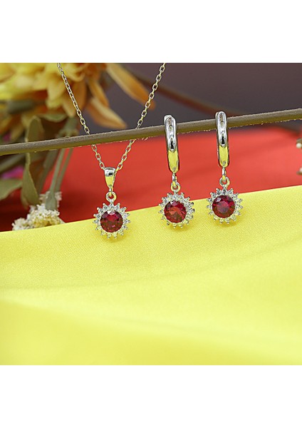 Kırmızı Beyaz Taşlı Minimal Anturaj Yuvarlak Gümüş Kolye Küpe Takım fiyatları