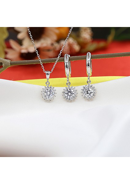 Beyaz Taşlı Minimal Anturaj Yuvarlak Gümüş Kolye Küpe Takım fiyatları