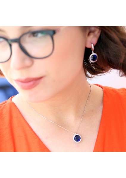 Lacivert Beyaz Zirkon Taşlı Yuvarlak Gümüş Kolye Küpe Takım