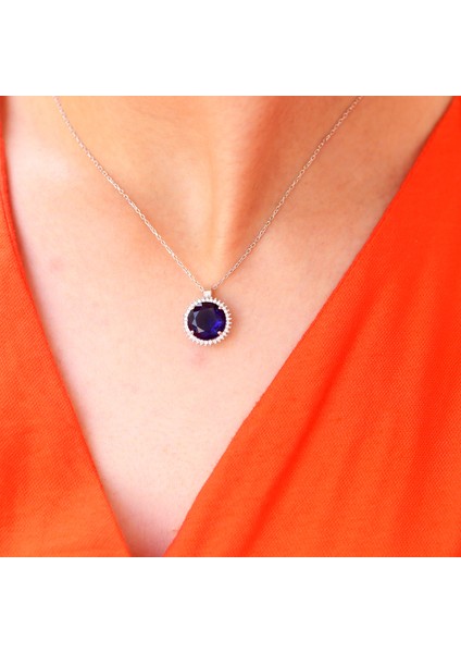 Lacivert Beyaz Zirkon Taşlı Yuvarlak Gümüş Kolye Küpe Takım fiyatları