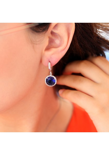 Lacivert Beyaz Zirkon Taşlı Yuvarlak Gümüş Kolye Küpe Takım modelleri