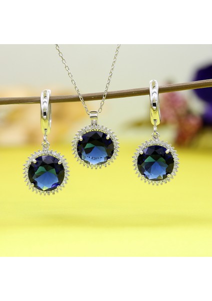 Lacivert Beyaz Zirkon Taşlı Yuvarlak Gümüş Kolye Küpe Takım fırsatları