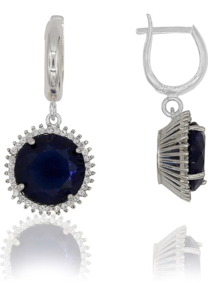 Lacivert Beyaz Zirkon Taşlı Yuvarlak Gümüş Kolye Küpe Takım indirimleri