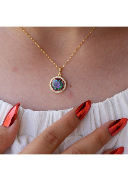 Mistik Topaz Beyaz Zirkon Taşlı Yuvarlak Gümüş Kolye Küpe Takım fiyatları