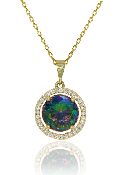 Mistik Topaz Beyaz Zirkon Taşlı Yuvarlak Gümüş Kolye Küpe Takım fırsatları