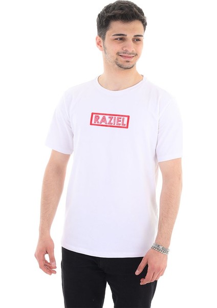 Razıel Oversıze  Çivili Amblem Baskılı Beyaz T-Shirt