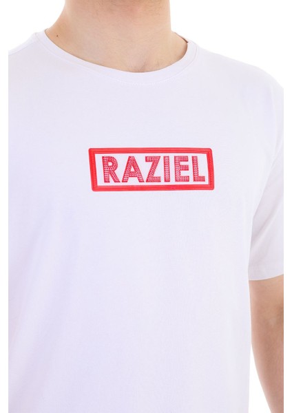 Razıel Oversıze  Çivili Amblem Baskılı Beyaz T-Shirt