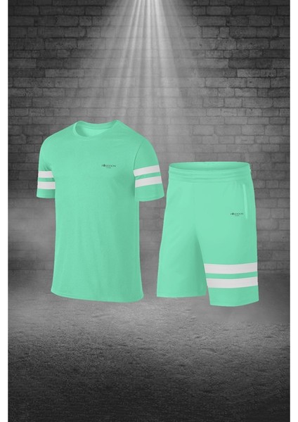 Büyük Beden Erkek Su Yeşili Dri-Fit Kumaş Baskısız Yuvarlak Yaka Kısa Kol Tişört Şort Alt Üst Takım (4XL-10XL)