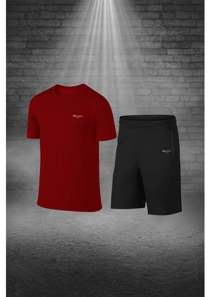 Büyük Beden Erkek Bordo Dri-Fit Kumaş Cepli Baskısız Bisiklet Yaka Yürüyüş Için Tişört Şort Alt Üst Ikili Takım (4XL-10XL)
