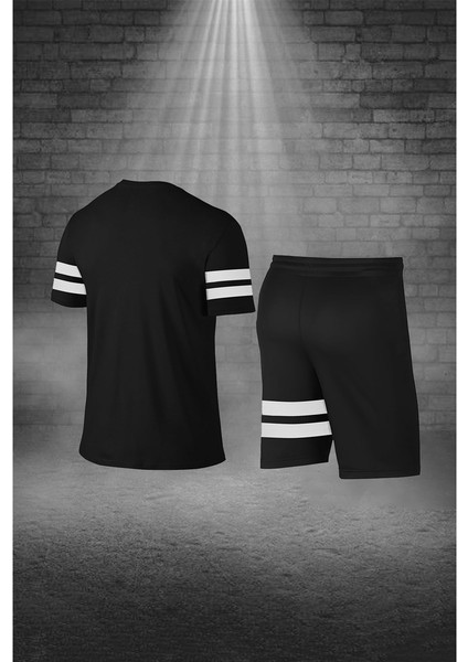 Erkek Siyah Dri-Fit Kumaş Yürüyüş Için Konforlu Cepli Sıfır Yaka Tişört Şort Ikili Alt Üst Spor Seti (S-3xl) fırsatları