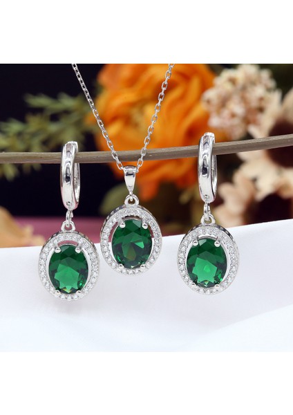 Yeşil Beyaz Zirkon Taşlı Oval Gümüş Kolye Küpe Takım fiyatları