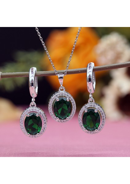 Yeşil Beyaz Zirkon Taşlı Oval Gümüş Kolye Küpe Takım fırsatları