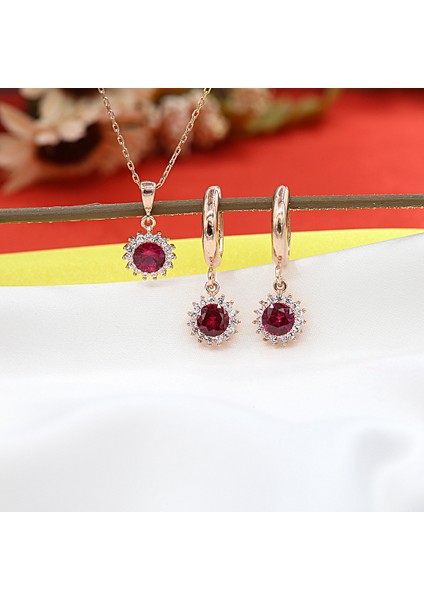 Kırmızı Beyaz Taşlı Minimal Anturaj Yuvarlak Gümüş Kolye Küpe Takım