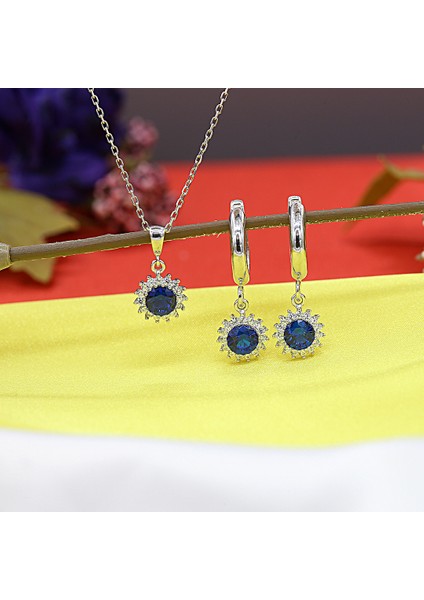 Lacivert Beyaz Taşlı Minimal Anturaj Yuvarlak Gümüş Kolye Küpe Takım