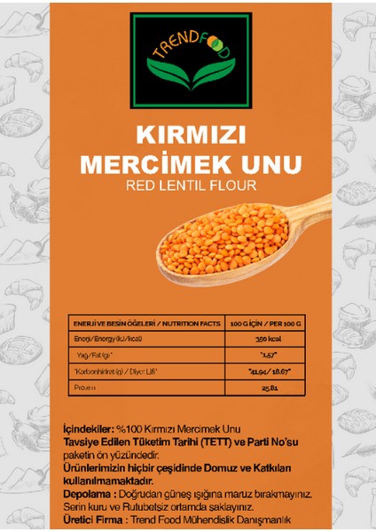 Yerli Kırmızı Mercimek Unu (Red Lentil Flour) Taş Değirmende Taze Öğütülmüştür 1 kg