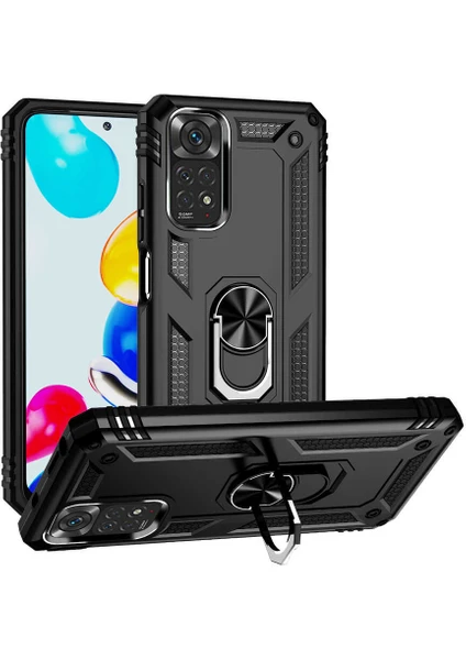 Kzy Xiaomi Redmi Note 11 Global Kapak Military Yüzüklü Stantlı Panzer Tank Kılıf - Siyah