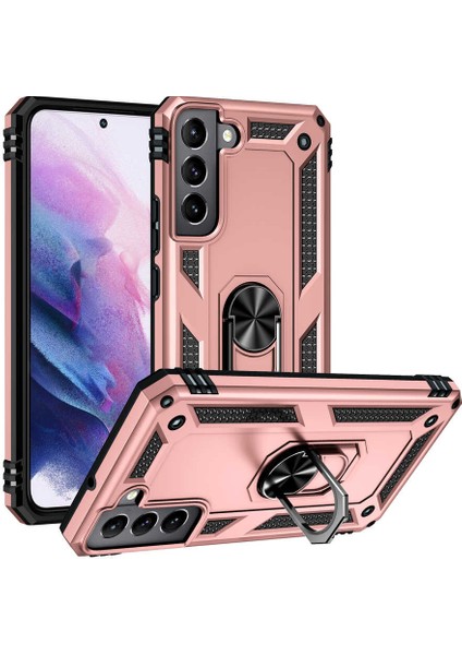 Samsung Galaxy S22 Kapak Military Yüzüklü Stantlı Panzer Tank Kılıf - Rose Gold