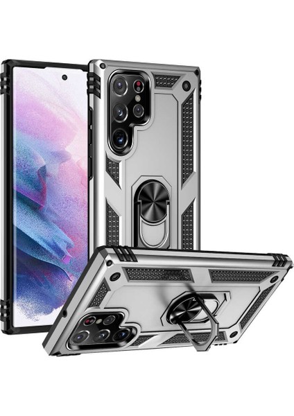 Samsung Galaxy S22 Ultra Kapak Military Yüzüklü Stantlı Panzer Tank Kılıf - Gri