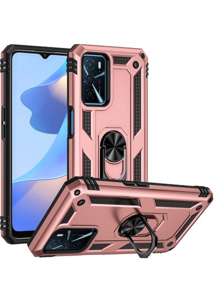 Oppo A16 Kapak Military Yüzüklü Stantlı Panzer Tank Kılıf - Rose Gold