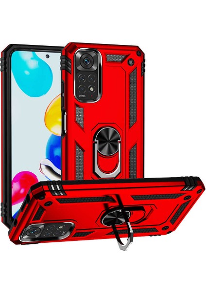 Caseworld Xiaomi Redmi Note 11S Global Kapak Military Yüzüklü Stantlı Panzer Tank Kılıf - Kırmızı