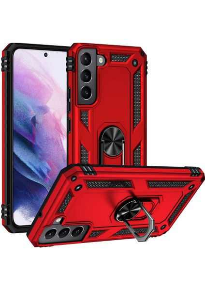 Caseworld Samsung Galaxy S22 Plus ile Uyumlu Kapak Military Yüzüklü Stantlı Panzer Tank ile Uyumlu Kılıf - Kırmızı