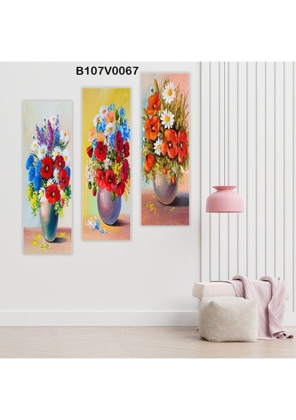 3'lü 19X60 Çiçek Desenli Dijital Baskılı Dekoratif Ahşap Tablo