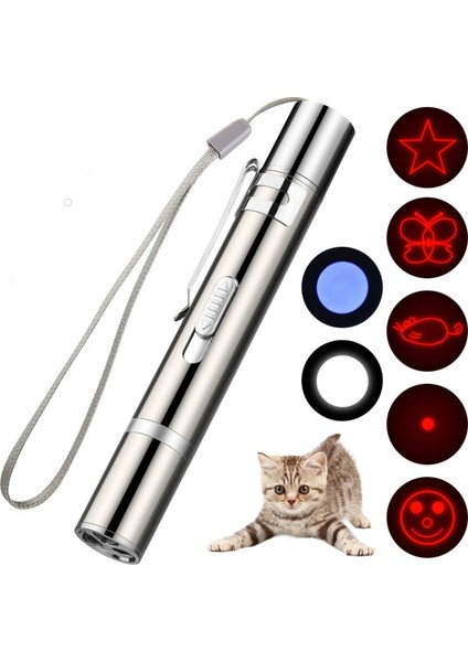 USB ile Şarj Edilebilen 3 In 1 Lazer Pointer   Uv El Feneri + El Feneri Kırmızı Işık + Beyaz Işık Kedi Lazeri