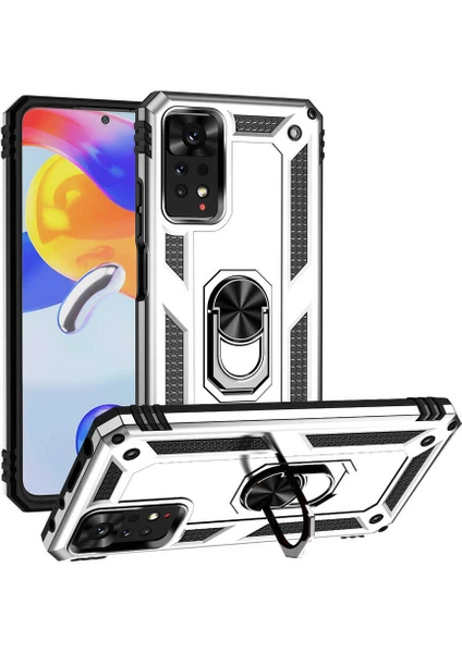 Case 4U Xiaomi Redmi Note 11 Pro 5g Kılıf Çift Katmanlı Yüzüklü Manyetik Vega Kapak Gümüş