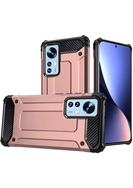 Case 4U Xiaomi Mi 12 Kılıf Military Armor Çift Katmanlı Crash Silikon Kılıf Rose Gold