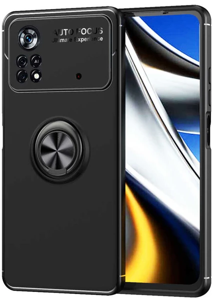 Case 4U Xiaomi Poco M4 Pro 4G Kılıf Autofocus Shockprof Ravel Yüzüklü Standlı Slikon Kapak Siyah