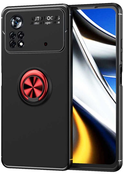 Case 4U Xiaomi Poco M4 Pro 4G Kılıf Autofocus Shockprof Ravel Yüzüklü Standlı Slikon Kapak Siyah - Kırmızı